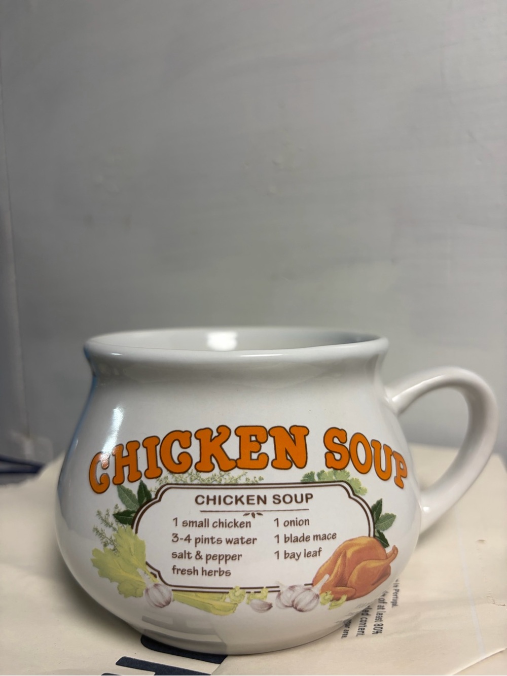 White Chicken Soup Mug with Chicken, Onion, and Herbs Graphic recipe vintage